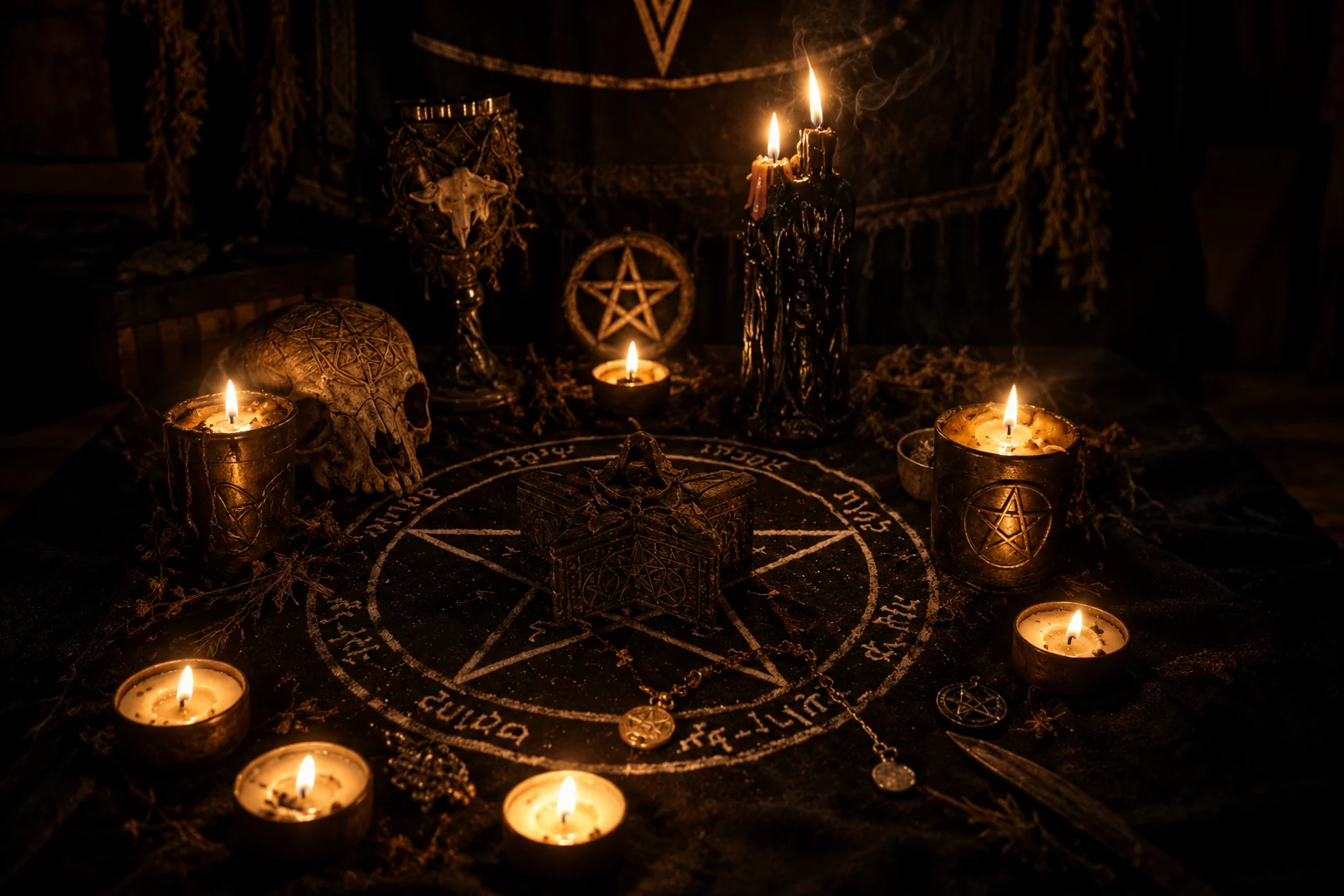 Bougies et objets rituels éclairant un autel dans la pénombre